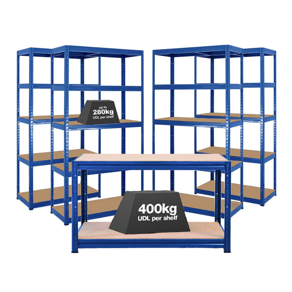 4x VRS Shelving Units - 1800mm High & 1x Workbench - 1600mm Wide - Blue