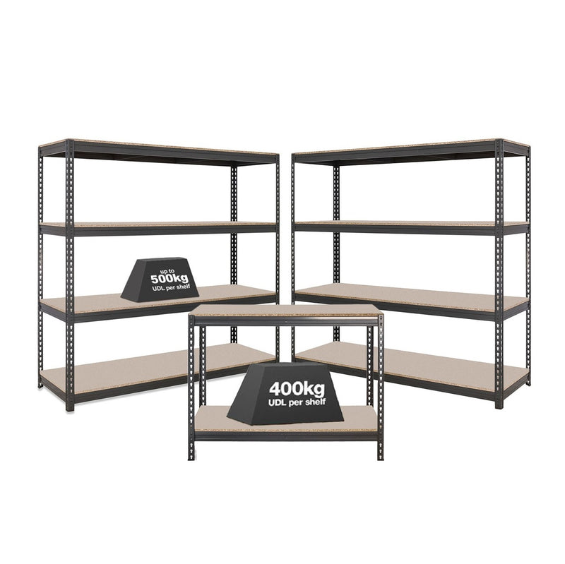 2x CRW Industrial Shelving - 1800mm High & 1x CRW Workbench - 1200mm Wide - Grey