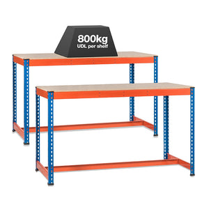 2x SX800 T-Bar Workbenches - 915mm High - 800kg - Chipboard - Blue/Orange