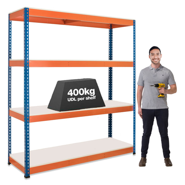 1x SX400 Industrial Shelving - 2440mm High - 400kg - Melamine - Blue & Orange