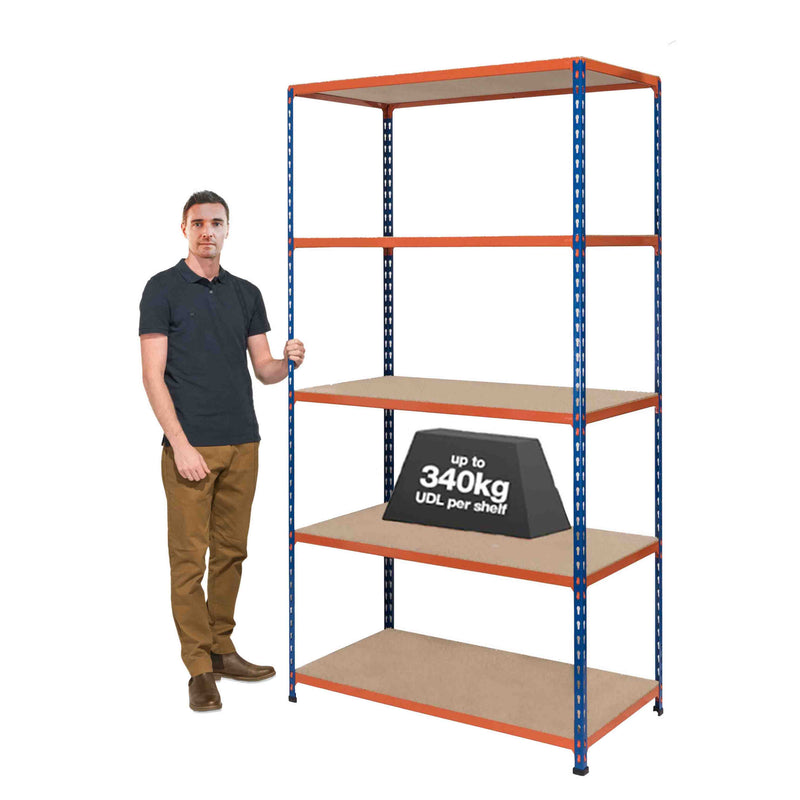 1x SX340 Industrial Shelving - 2440mm High - 340kg - Chipboard - Blue & Orange