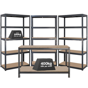 3x VRS Shelving Units - 1800mm High & 1x Workbench - 1600mm Wide - Grey