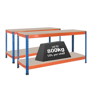 2x SX800 Workbenches - 915mm High - 800kg - Chipboard - Blue/Orange