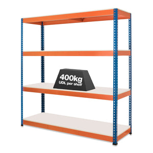 1x SX400 Industrial Shelving - 1677mm High - 400kg - Melamine - Blue & Orange