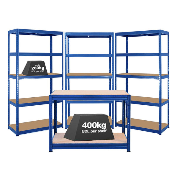 3x VRS Shelving Units - 1800mm High & 1x Workbench - 1200mm Wide - Blue