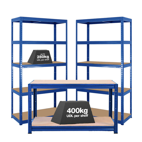 2x VRS Shelving Units - 1800mm High & 1x Workbench - 1600mm Wide - Blue