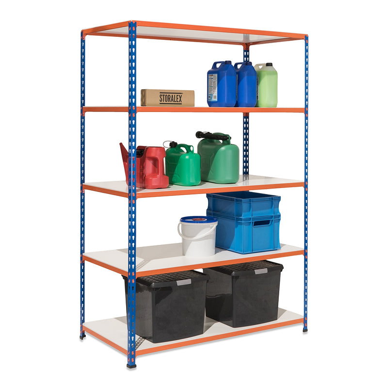 3x SX200 Industrial Shelving - 2440mm High - 200kg - Melamine - Blue & Orange
