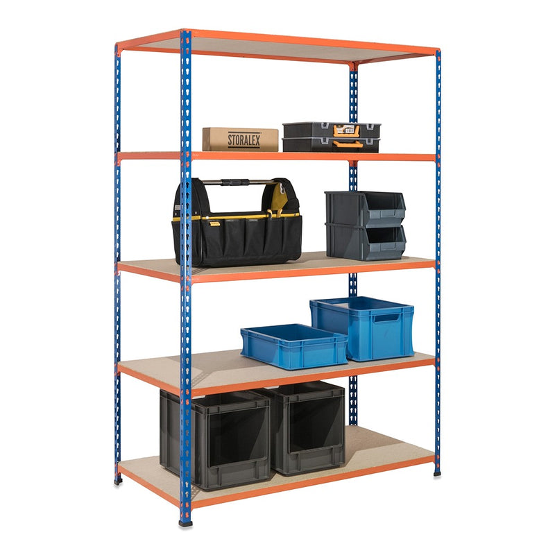 2x SX200 Industrial Shelving - 2440mm High - 200kg - Chipboard - Blue & Orange