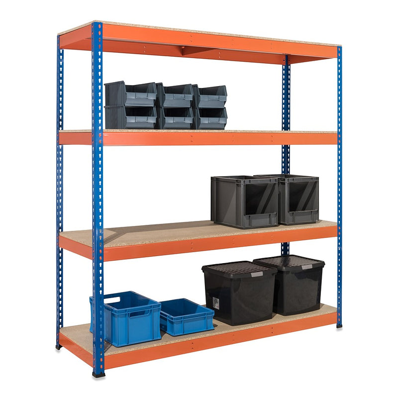 4x SX400 Industrial Shelving - 2440mm High - 400kg - Chipboard - Blue & Orange