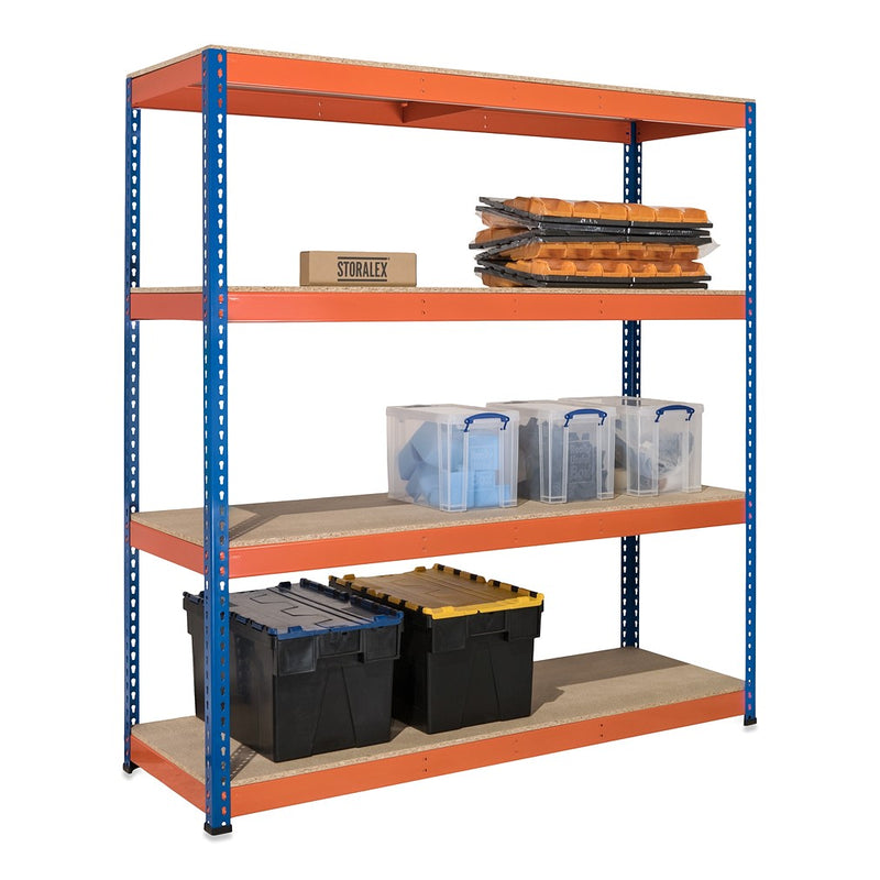 3x SX800 Industrial Shelving - 1980mm High - 800kg - Chipboard - Blue & Orange