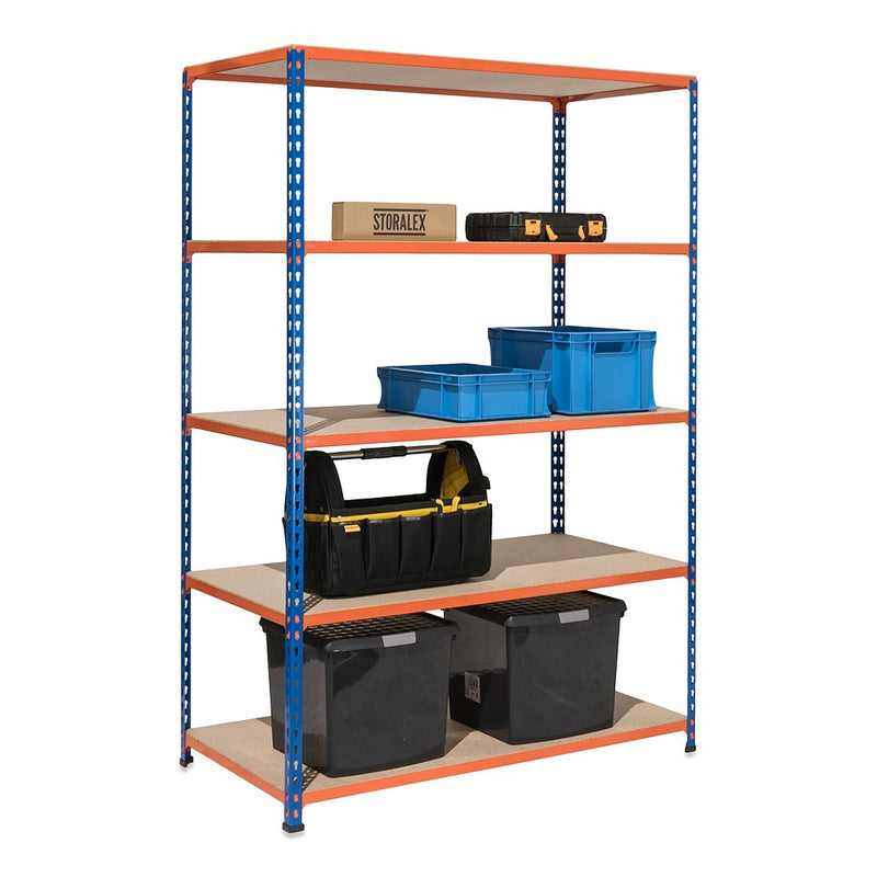 1x SX340 Industrial Shelving - 3050mm High - 340kg - Chipboard - Blue & Orange