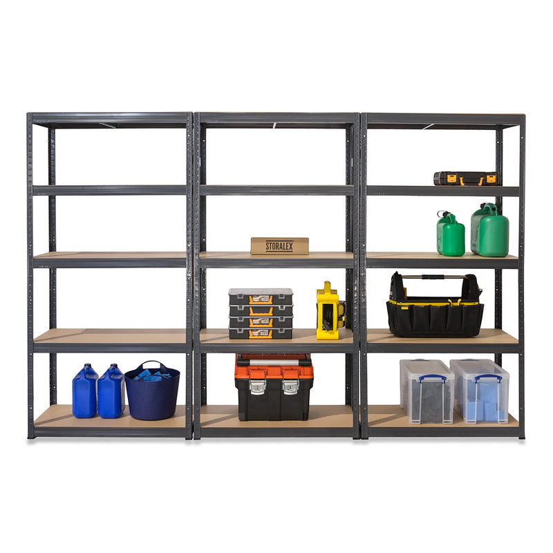 3x VRS Shelving Units - 1800mm High - Grey with 12x 24L Strata Plastic Storage Boxes