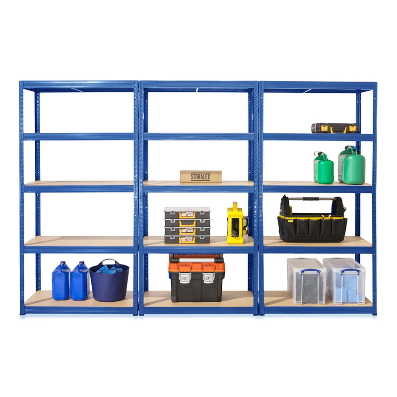 3x VRS Shelving Units - 1800mm High - Blue with 10x 37L Wham Plastic Storage Boxes