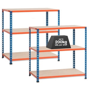 2x SX200 Workbenches - 915mm High - 200kg - Chipboard - Blue/Orange