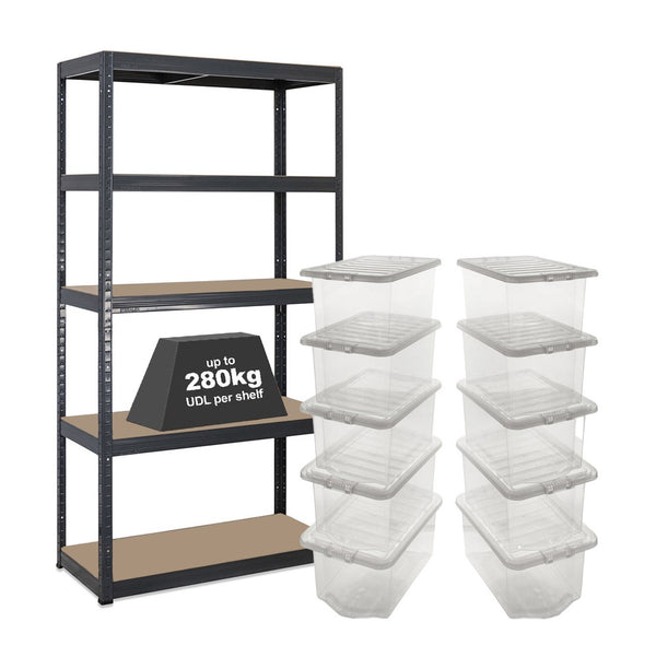 1x VRS Shelving Unit - 1800mm High - Grey with 10x 37L Wham Plastic Storage Boxes