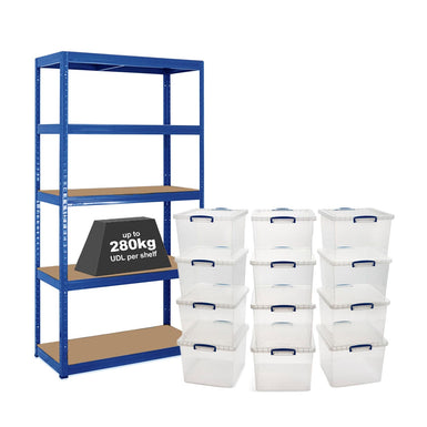 1x VRS Shelving Unit - 1800mm High - Blue with 12x 33.5L Really Useful Boxes