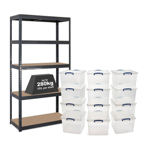 1x VRS Shelving Unit - 2130mm High - Grey with 12x 33.5L Really Useful Boxes