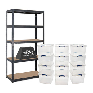 1x VRS Shelving Unit - 1800mm High - Grey with 12x 33.5L Really Useful Boxes