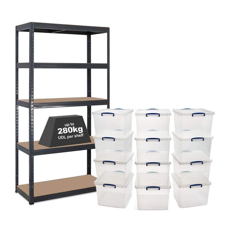 1x VRS Shelving Unit - 2130mm High - Grey with 12x 33.5L Really Useful Boxes