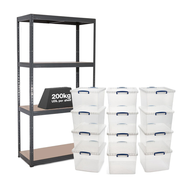 1x VRS Shelving Unit - 1600mm High - Grey with 12x 33.5L Really Useful Boxes
