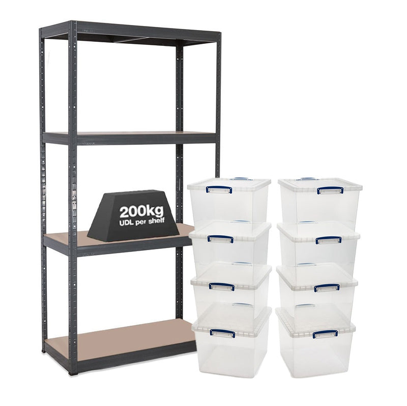 1x VRS Shelving Unit - 1600mm High - Grey with 8x 33.5L Really Useful Boxes