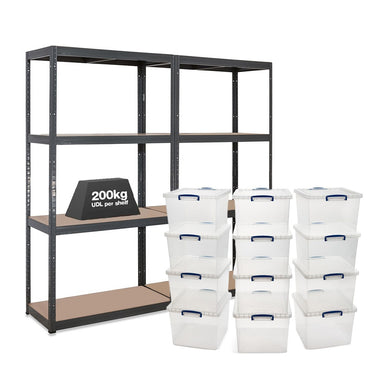 2x VRS Shelving Units - 1600mm High - Grey with 12x 33.5L Really Useful Boxes