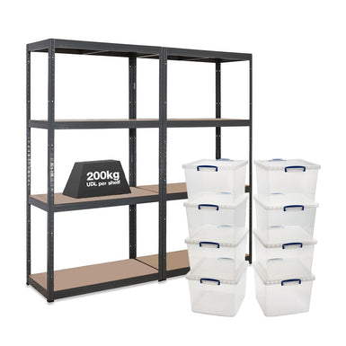 2x VRS Shelving Units - 1600mm High - Grey with 8x 33.5L Really Useful Boxes