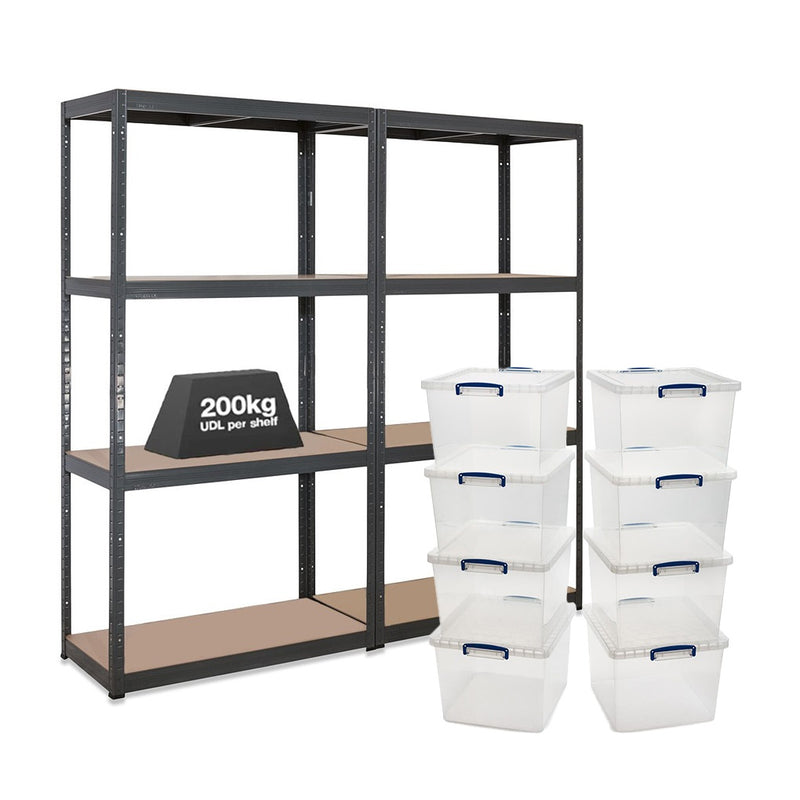 2x VRS Shelving Units - 1600mm High - Grey with 8x 33.5L Really Useful Boxes