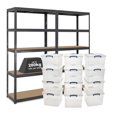 2x VRS Shelving Units - 1800mm High - Grey with 12x 33.5L Really Useful Boxes