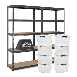 2x VRS Shelving Units - 1800mm High - Grey with 8x 33.5L Really Useful Boxes