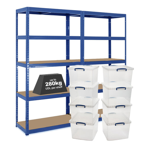 2x VRS Shelving Units - 1800mm High - Blue with 8x 33.5L Really Useful Boxes