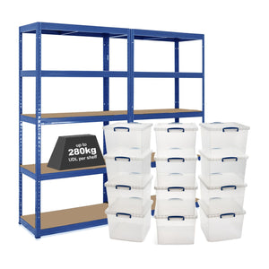 2x VRS Shelving Units - 1800mm High - Blue with 12x 33.5L Really Useful Boxes