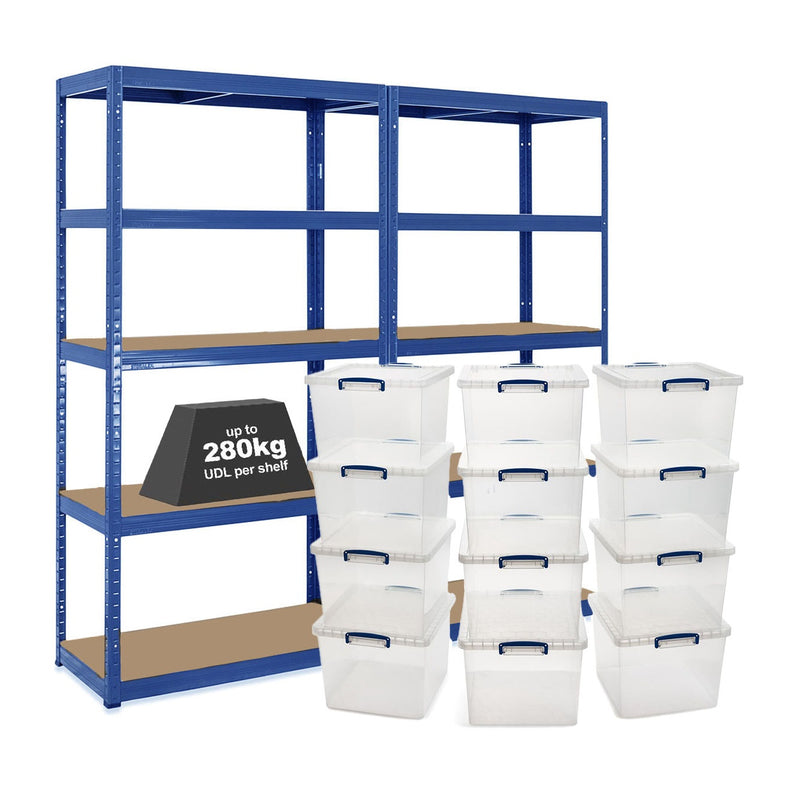 2x VRS Shelving Units - 1800mm High - Blue with 12x 33.5L Really Useful Boxes