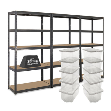 3x VRS Shelving Units - 1800mm High - Grey with 10x 37L Wham Plastic Storage Boxes