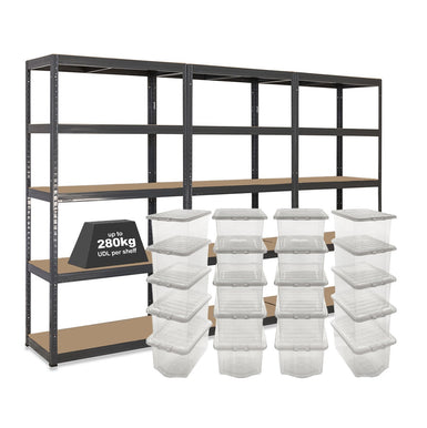 3x VRS Shelving Units - 1800mm High - Grey with 20x 37L Wham Plastic Storage Boxes