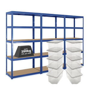 3x VRS Shelving Units - 1800mm High - Blue with 10x 37L Wham Plastic Storage Boxes