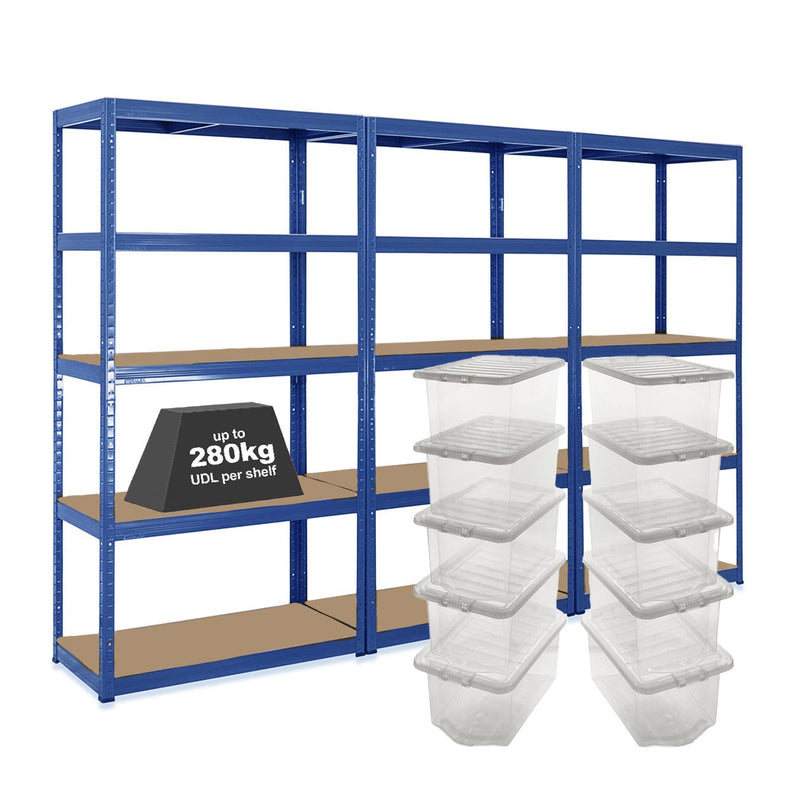 3x VRS Shelving Units - 1800mm High - Blue with 10x 37L Wham Plastic Storage Boxes