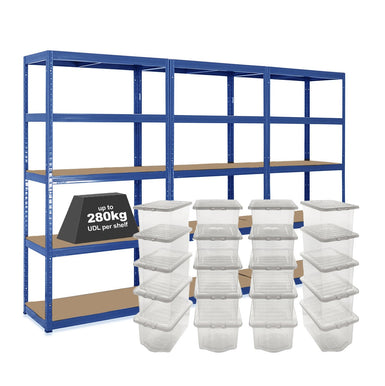 3x VRS Shelving Units - 1800mm High - Blue with 20x 37L Wham Plastic Storage Boxes