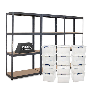 3x VRS Shelving Units - 1600mm High - Grey with 12x 33.5L Really Useful Boxes