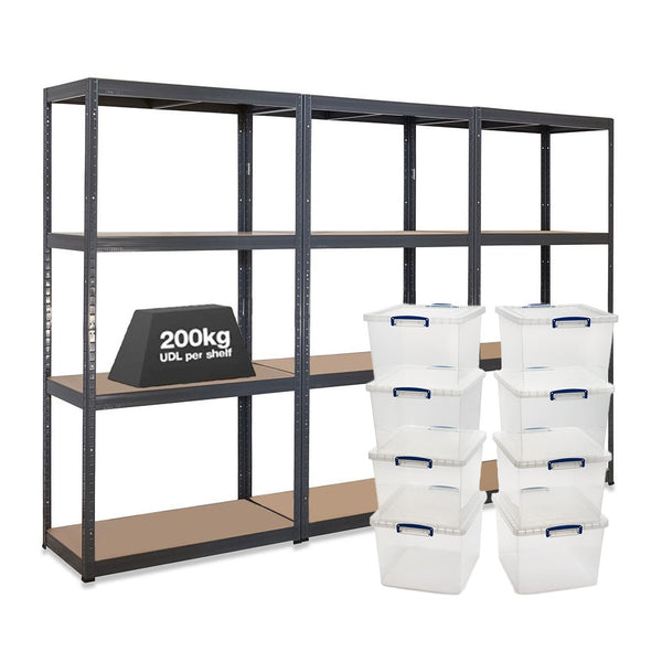 3x VRS Shelving Units - 1600mm High - Grey with 8x 33.5L Really Useful Boxes