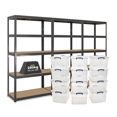 3x VRS Shelving Units - 2130mm High - Grey with 12x 33.5L Really Useful Boxes