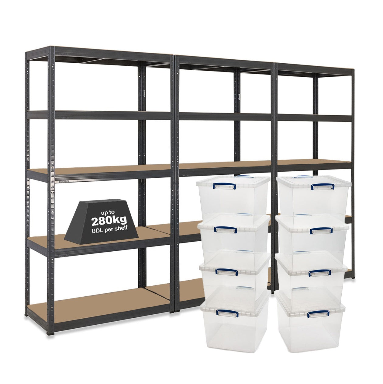 Tufferman 3x Storalex VRS Shelving Units 1800mm High Grey with 8x 33.5L Really ...