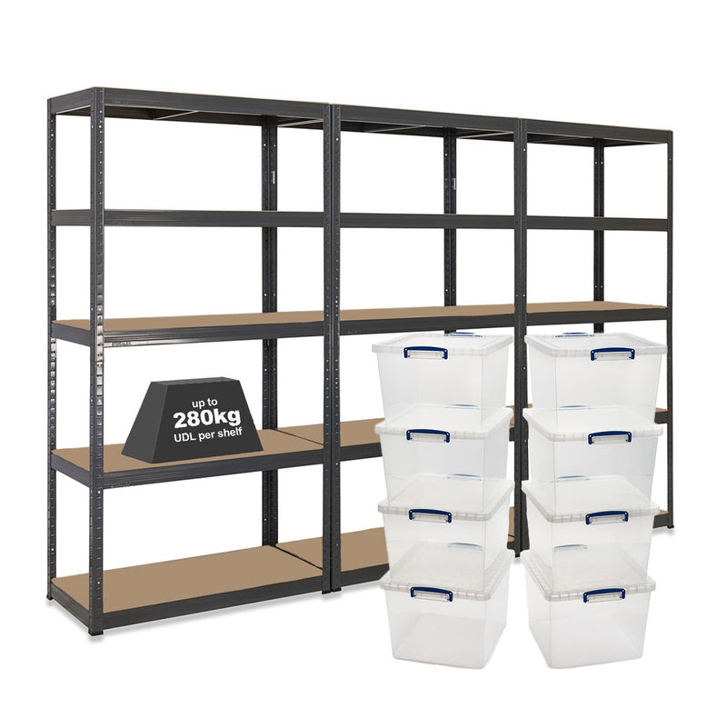 3x VRS Shelving Units - 2130mm High - Grey with 8x 33.5L Really Useful Boxes