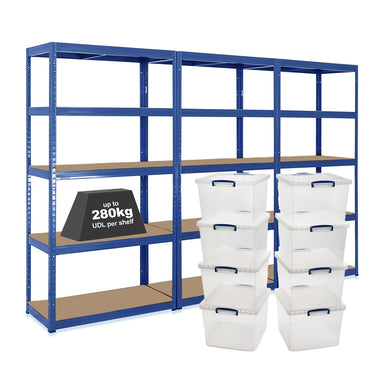 3x VRS Shelving Units - 1800mm High - Blue with 8x 33.5L Really Useful Boxes