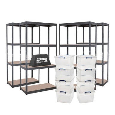 4x VRS Shelving Units - 1600mm High - Grey with 8x 33.5L Really Useful Boxes