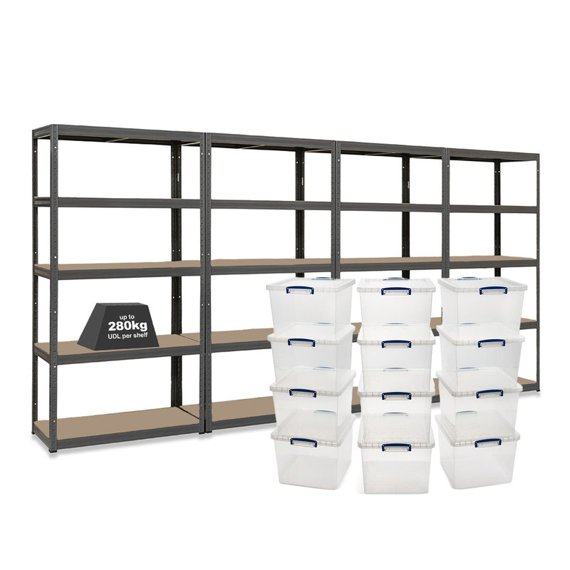 4x VRS Shelving Units - 2130mm High - Grey with 12x 33.5L Really Useful Boxes