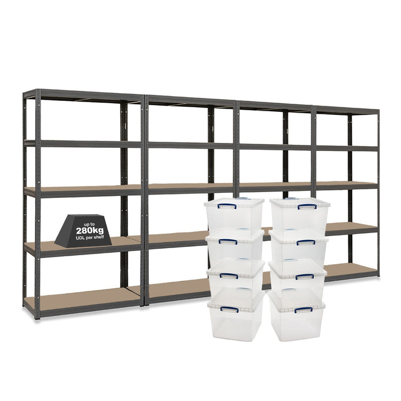 4x VRS Shelving Units - 2130mm High - Grey with 8x 33.5L Really Useful Boxes