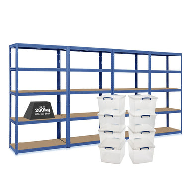 4x VRS Shelving Units - 1800mm High - Blue with 8x 33.5L Really Useful Boxes