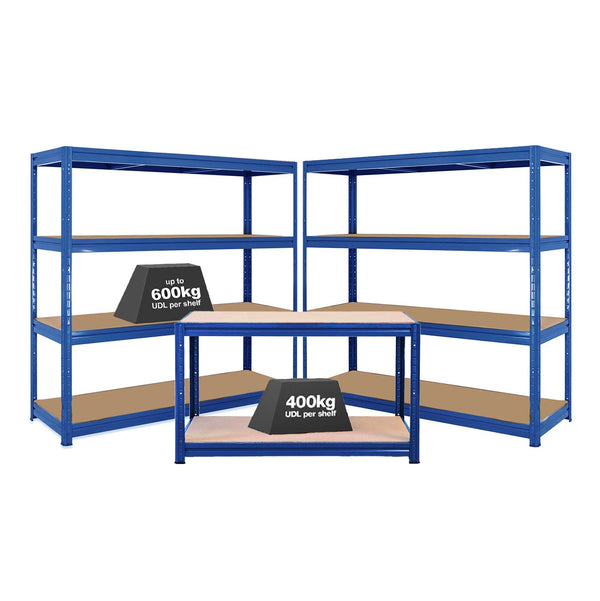 2x HRX Industrial Shelving - 1770mm High & 1x HRX Workbench - 1600mm Wide - Blue