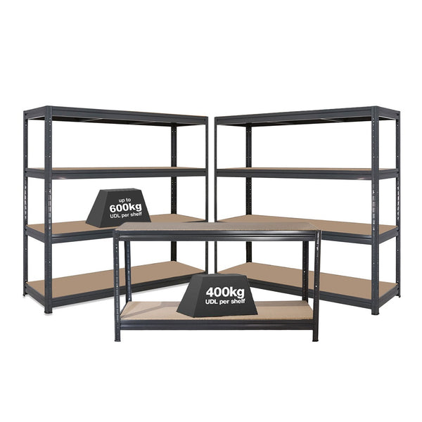 2x HRX Industrial Shelving - 1770mm High & 1x HRX Workbench - 1600mm Wide - Grey